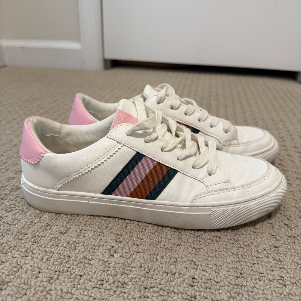 J. Crew White Sneakers with Pink and Multicolor Stripes